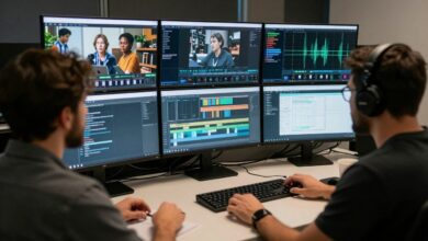 Uma pessoa editando um vídeo em um computador com múltiplos monitores em um estúdio criativo e moderno, com gráficos e timelines visíveis na tela.