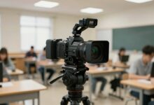 Uma câmera fotográfica profissional em destaque, com um fundo desfocado mostrando um ambiente de aprendizado, como uma sala de aula ou um estúdio.