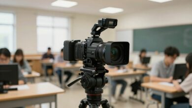Uma câmera fotográfica profissional em destaque, com um fundo desfocado mostrando um ambiente de aprendizado, como uma sala de aula ou um estúdio.