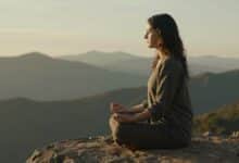 Uma pessoa sentada em uma pose de meditação ao nascer do sol, com uma paisagem serena de montanhas ao fundo, transmitindo uma sensação de paz e calma.
