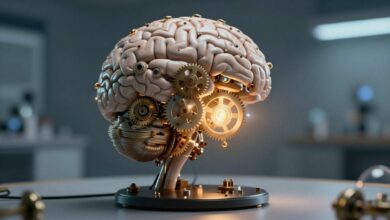Uma representação artística do cérebro humano com engrenagens e luzes brilhantes, simbolizando o aprimoramento da memória e da função cognitiva.