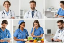 Uma colagem de imagens representando diversas profissões da área da saúde, como um médico com um estetoscópio, uma enfermeira sorrindo, um fisioterapeuta ajudando um paciente e um nutricionista com alimentos saudáveis.