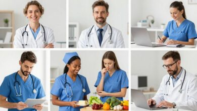 Uma colagem de imagens representando diversas profissões da área da saúde, como um médico com um estetoscópio, uma enfermeira sorrindo, um fisioterapeuta ajudando um paciente e um nutricionista com alimentos saudáveis.