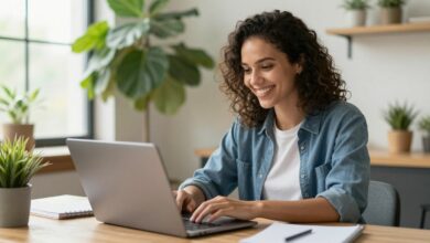 Uma pessoa sorridente trabalhando com um notebook em um ambiente confortável e iluminado, como uma varanda com plantas, simbolizando liberdade e flexibilidade profissional.