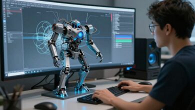 Um artista digital concentrado trabalhando em um software de modelagem 3D em uma tela grande, com um modelo complexo de um robô futurista sendo criado.