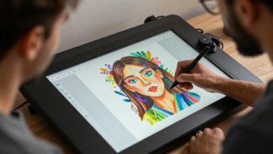 Um artista digital desenhando em uma mesa digitalizadora, com a tela mostrando uma ilustração colorida e vibrante em andamento, cercado por inspiração.