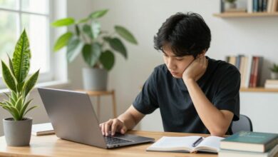 Uma pessoa introvertida trabalhando concentrada em um notebook em um ambiente calmo e bem iluminado, com plantas e livros ao redor, simbolizando foco e tranquilidade.