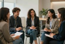 Jovens profissionais em um ambiente moderno de trabalho, conversando e trocando ideias de forma animada, representando comunicação eficaz em diferentes carreiras.