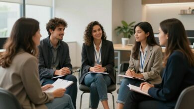 Jovens profissionais em um ambiente moderno de trabalho, conversando e trocando ideias de forma animada, representando comunicação eficaz em diferentes carreiras.