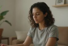 Uma pessoa calma e serena meditando em um ambiente tranquilo, simbolizando o equilíbrio e a paz interior alcançados com a maturidade emocional.