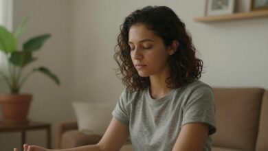 Uma pessoa calma e serena meditando em um ambiente tranquilo, simbolizando o equilíbrio e a paz interior alcançados com a maturidade emocional.