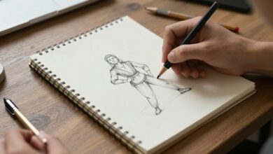 Uma mesa de artista com vários lápis de desenho, um caderno de esboços aberto mostrando um desenho em andamento e uma mão segurando um lápis, com iluminação suave e inspiradora.