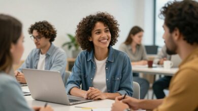Uma pessoa confiante e sorridente conversando de forma clara e empática com um grupo de colegas em um ambiente de escritório moderno e iluminado.
