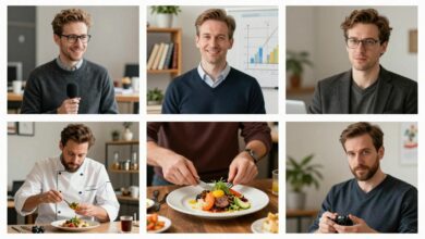 Uma colagem de imagens representando diversas profissões dinâmicas: um jornalista com um microfone, um chef decorando um prato, um consultor apresentando um gráfico e um fotógrafo em ação.