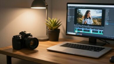 Uma câmera DSLR profissional em cima de uma mesa de madeira, ao lado de um notebook exibindo um software de edição de fotos, com uma iluminação suave e artística.