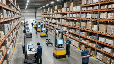 A modern, bustling logistics and distribution warehouse with high-tech automated guidance vehicles, workers analyzing cargo data on tablets, and neat shelves under bright energy-lit industrial ceilings.