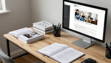 Uma mesa de trabalho de um designer editorial com livros, papéis com esboços de grids e um monitor de alta definição exibindo um layout de revista profissional.