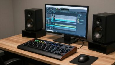 Uma estação de trabalho de produção musical moderna e organizada, com um computador exibindo uma DAW, monitores de áudio profissionais e um teclado controlador, iluminado por luzes suaves de estúdio.