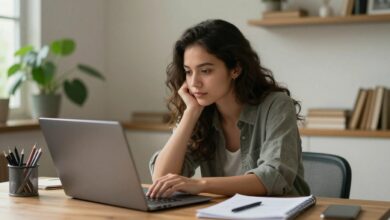 Uma pessoa trabalhando em um notebook de forma produtiva em um ambiente calmo e confortável com vista para a natureza, simbolizando liberdade profissional.