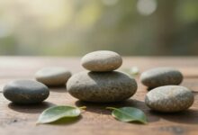 Uma imagem serena que simboliza o equilíbrio mental e a paz interior, usando elementos naturais como pedras empilhadas, folhas e luz suave de início de dia.